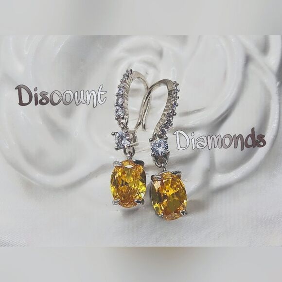 Oval Cut Yellow Diamond Earrings with Clear White Baguette Diamonds 925… - Picture 4 of 9